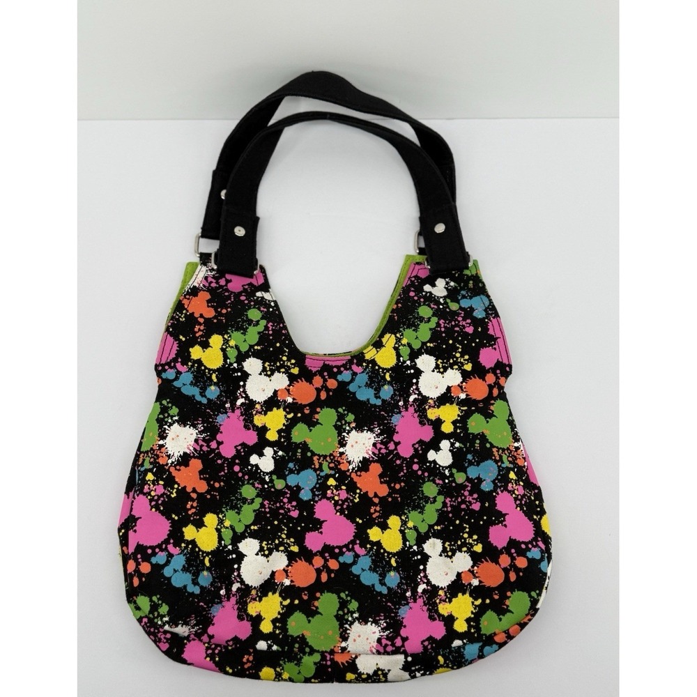 Disney Parks Mickey Mouse Paint Splatter Canvas Hobo Bag Black Multi Color